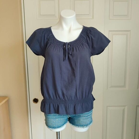 Mossimo navy tie front peasant top with elastic waist sz L - Picture 1 of 8